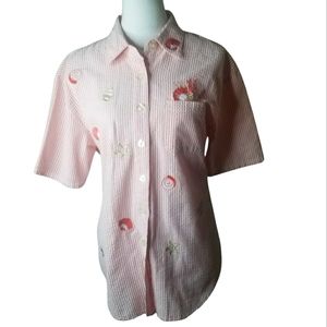 🦋Teddi Vintage Seersucker Embroidered Button Down Top